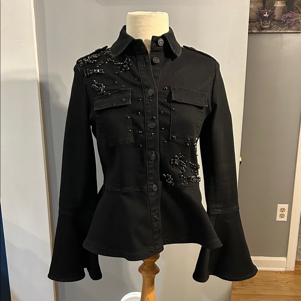 Scripted Black Embellished Button-Up denim Jacket peplum bell sleeves ladies M